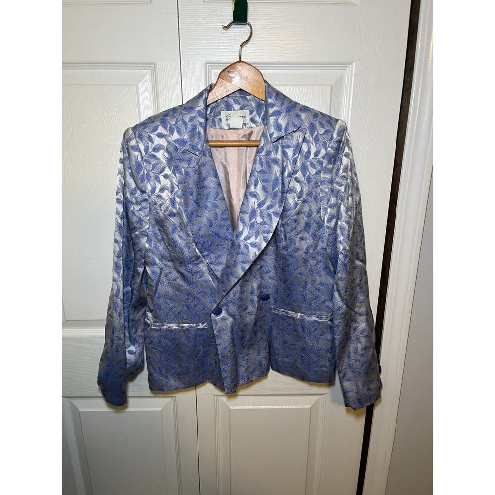 Vintage Gantos Blue Silver Floral Jacquard Brocade Blazer Jacket Size 14